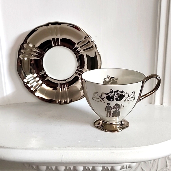 ROYAL WINTON Grimwades Our wedding silver and white wedding teacup and saucer - Picture 1 of 5